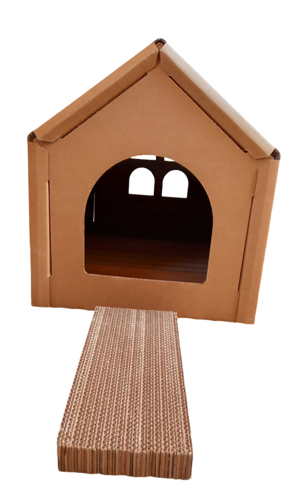 Cozy Cat House with Scratcher Pads, Corrugated Cardboard Cat House - Medium  or Small Size, Sturdy and Eco-Friendly, Perfect Indoor Cat Hideaway, for Indoor Cats and Rabbits.