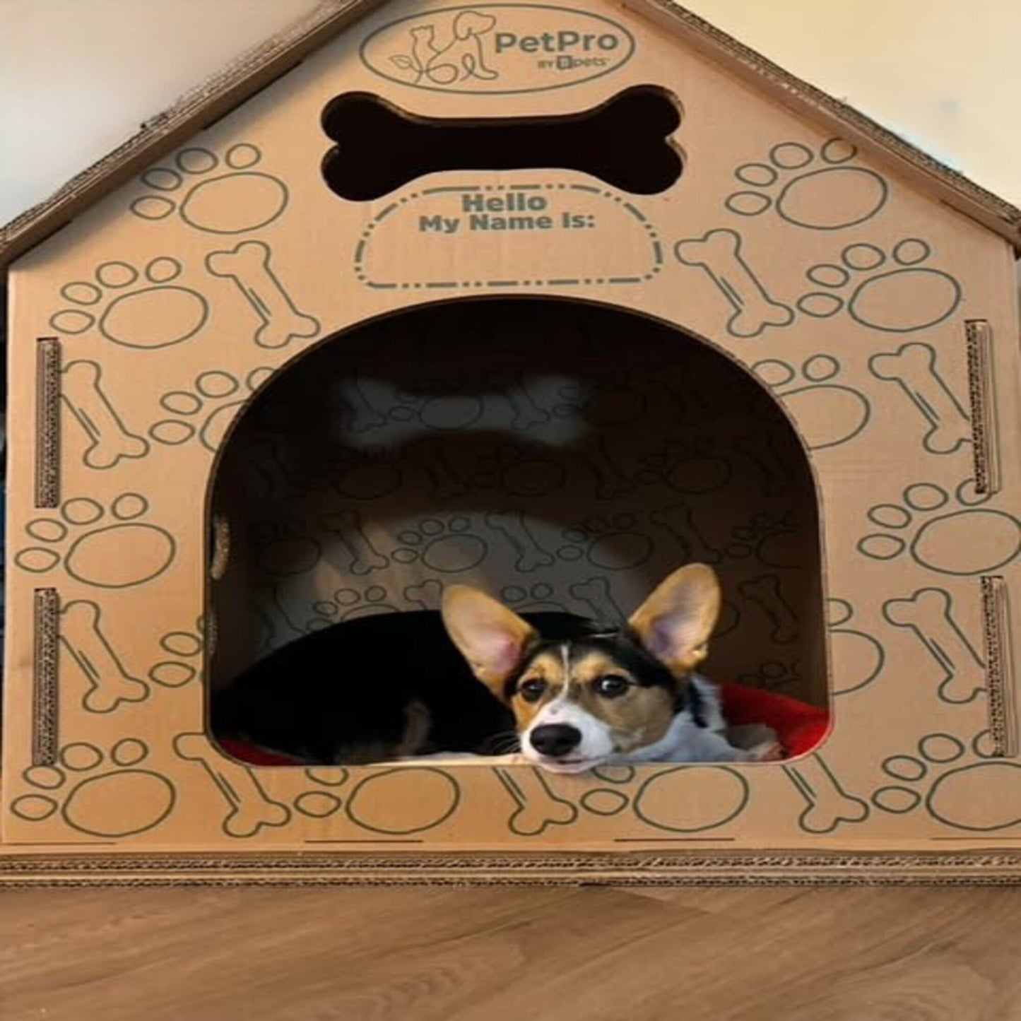 Cardboard Dog House No/Plush Bed Include Indoor, Modern Crate Alt., Sustainable Shelter. Large Dogs. Easy Assembly