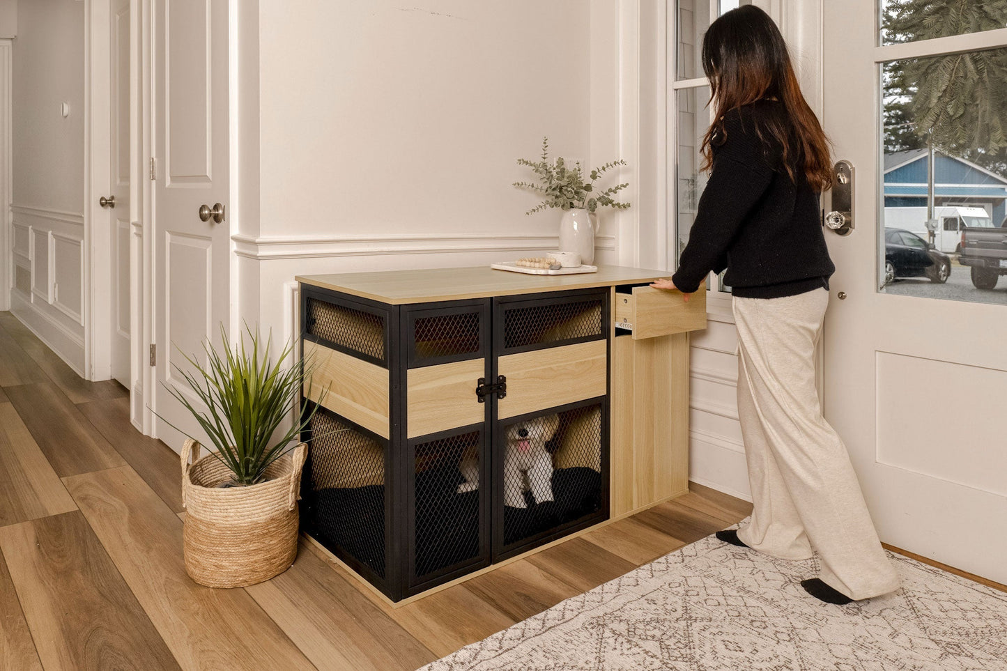 Lucky Kennels Clover Console Crate Stylish pet Furniture with Sleek Black Metal gate, enhances Airflow and Visibility