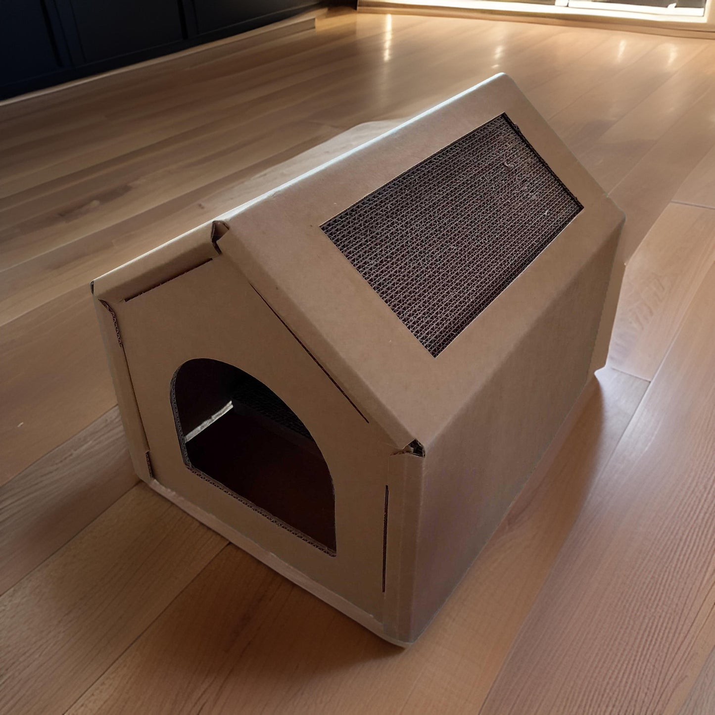 Cozy Cat House with Scratcher Pads, Corrugated Cardboard Cat House - Medium  or Small Size, Sturdy and Eco-Friendly, Perfect Indoor Cat Hideaway, for Indoor Cats and Rabbits.