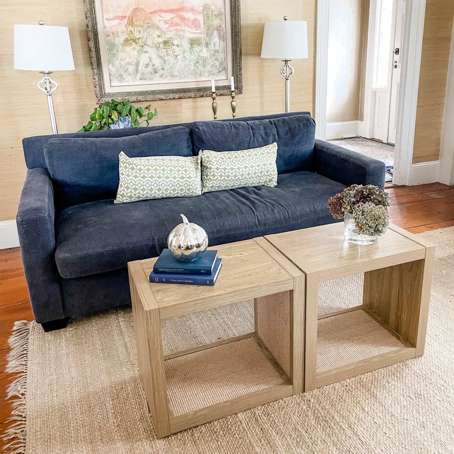 cat scratcher coffee table in living room with pottery barn couch