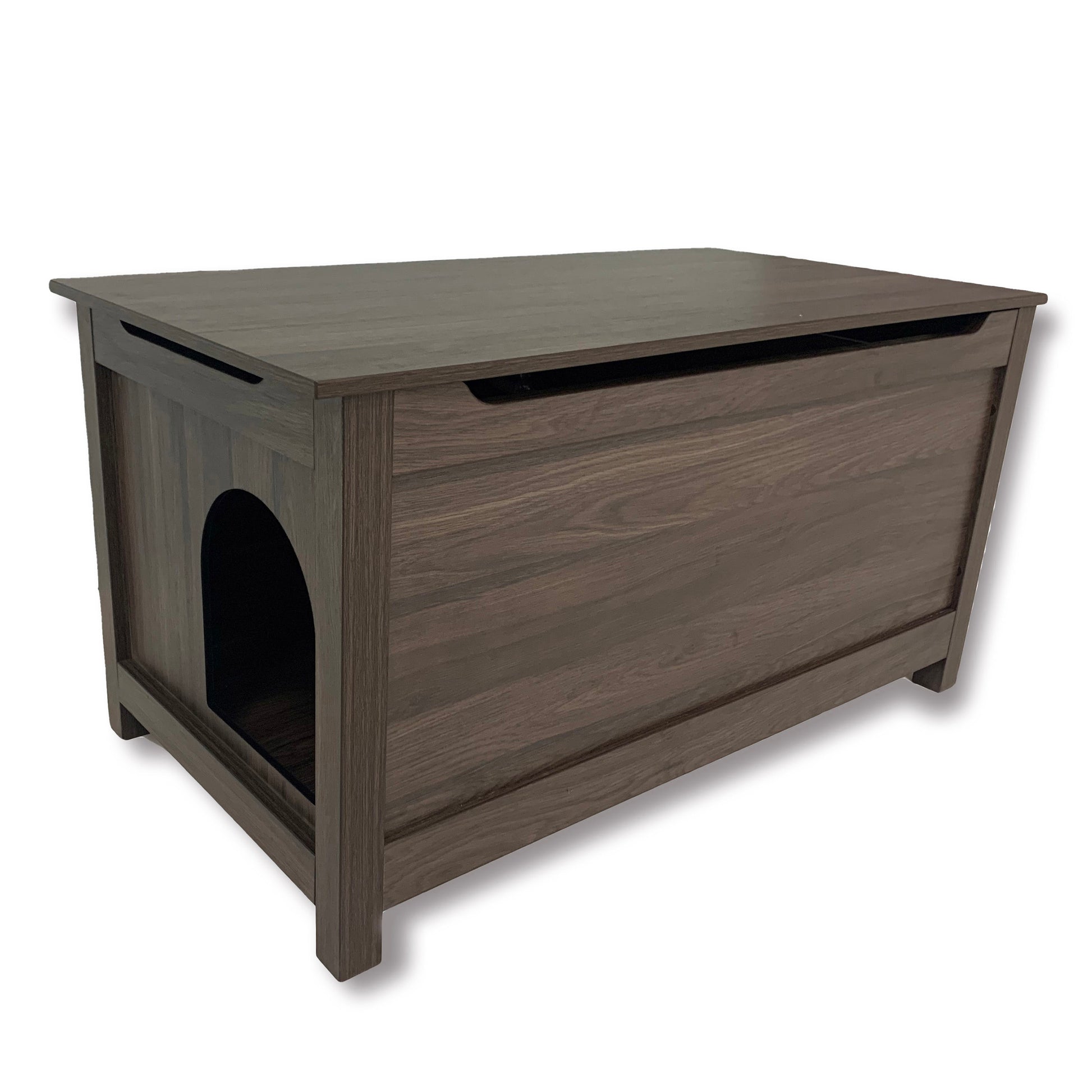 side entrance of cat litter box furniture enclosure in oak