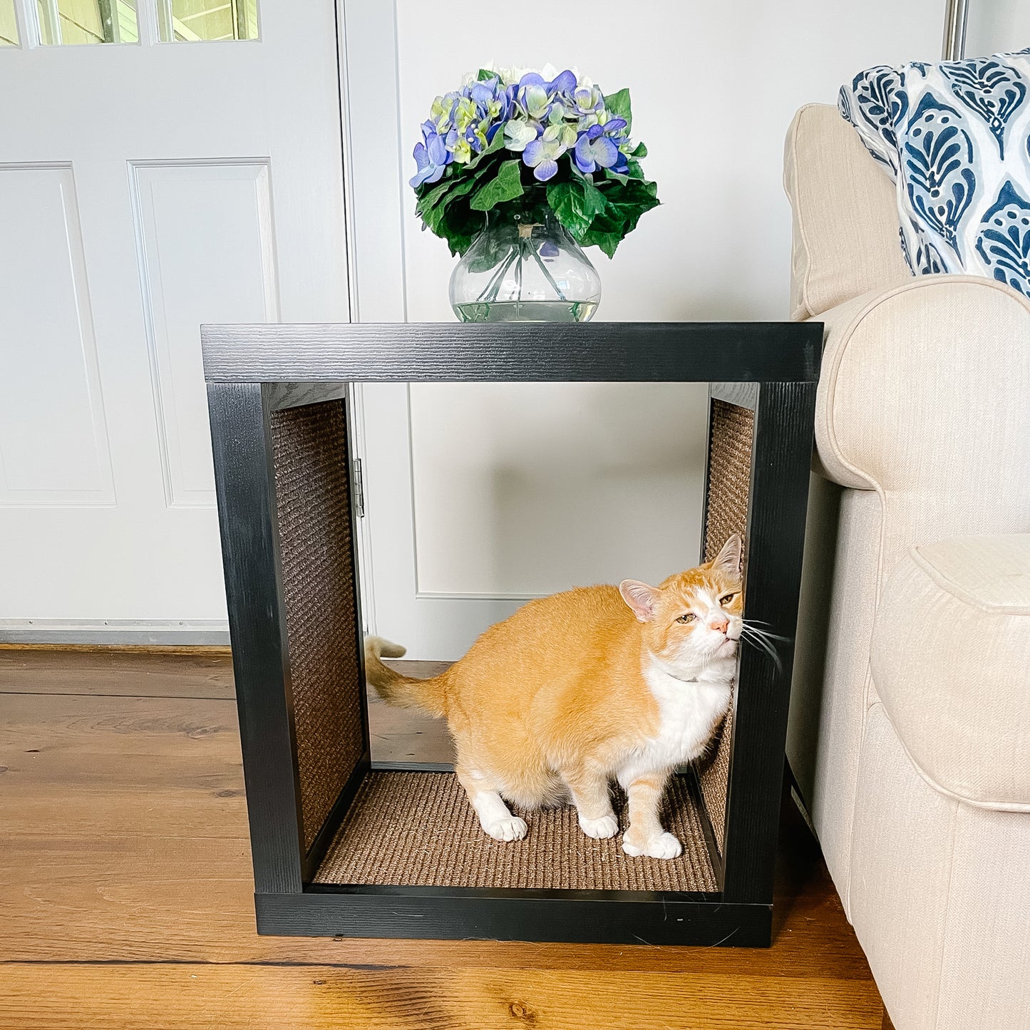 happy cat on dark wood end table cat scratcher