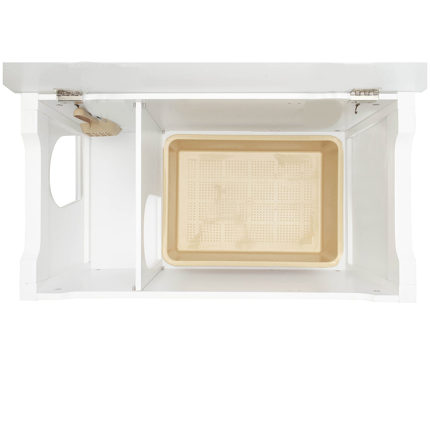 interior of white litter box enclosure with interior panel